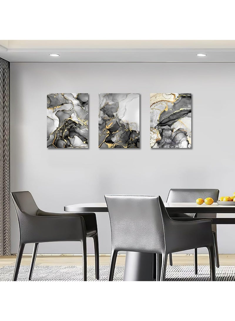 RATSAW Set Of 3 Framed Canvas Wall Arts Stretched Over Wooden Frame Paintings for Home Living Room Office Decor 30x40 cm Wooden Framed Gray White Gold Marble Canvas Wall Art Painting - Image 2