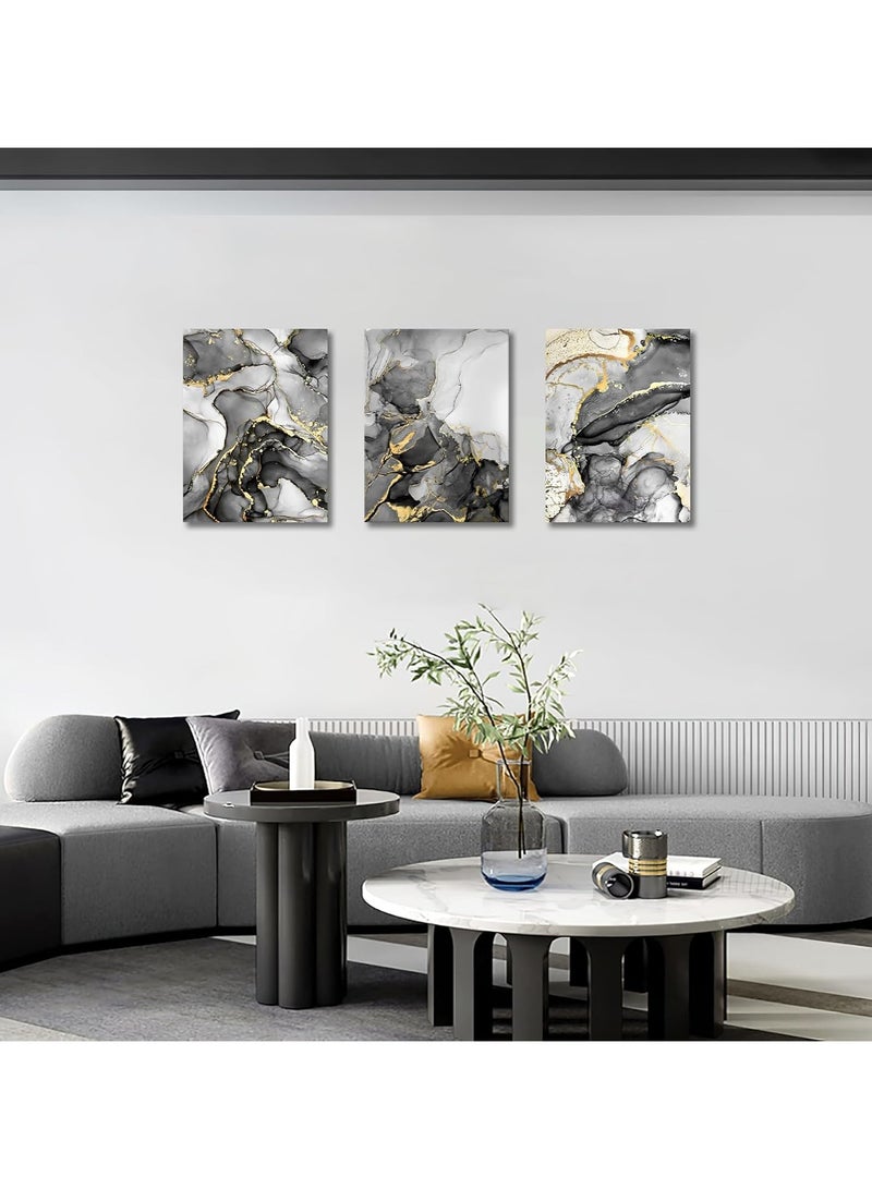 RATSAW Set Of 3 Framed Canvas Wall Arts Stretched Over Wooden Frame Paintings for Home Living Room Office Decor 30x40 cm Wooden Framed Gray White Gold Marble Canvas Wall Art Painting - Image 3