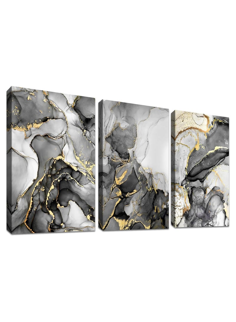 RATSAW Set Of 3 Framed Canvas Wall Arts Stretched Over Wooden Frame Paintings for Home Living Room Office Decor 30x40 cm Wooden Framed Gray White Gold Marble Canvas Wall Art Painting - Image 4