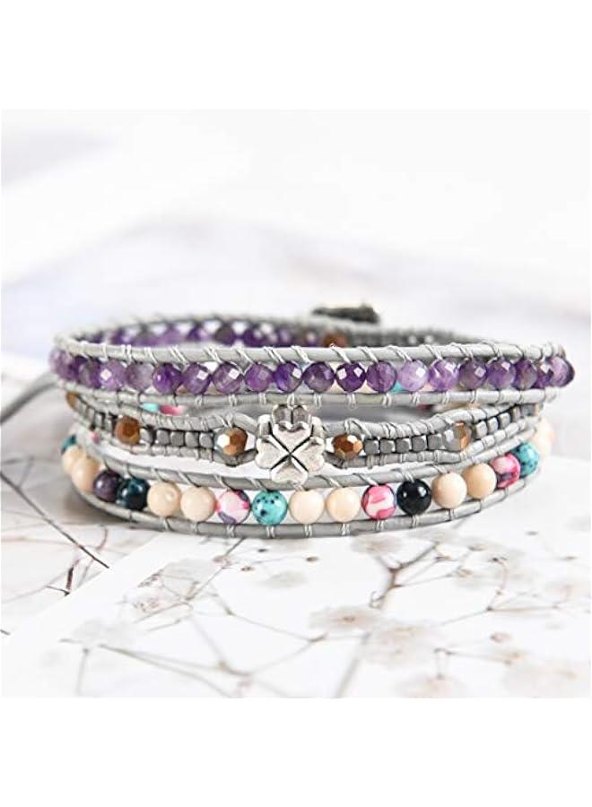 Arabest Unisex Leather Lucky Bracelet 4-Leaf Clover Good Luck Wrap Bracelet,Beads Boho Jewelry - Image 2