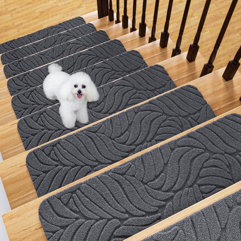 Fixmend Stair Treads Non Slip for Wooden Steps, 8" X 30" (15-Pack) Stair Runner Carpet Treads Indoor with Reusable Adhesive, Stairslide Carpets Rugs Safety Mats for Elders, Kids & Dogs, Dark Grey Leaf - Image 1