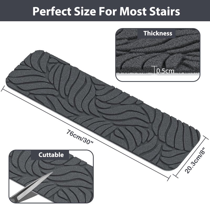 Fixmend Stair Treads Non Slip for Wooden Steps, 8" X 30" (15-Pack) Stair Runner Carpet Treads Indoor with Reusable Adhesive, Stairslide Carpets Rugs Safety Mats for Elders, Kids & Dogs, Dark Grey Leaf - Image 2