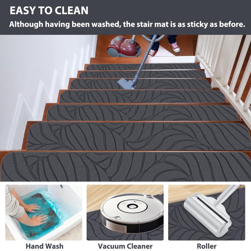 Fixmend Stair Treads Non Slip for Wooden Steps, 8" X 30" (15-Pack) Stair Runner Carpet Treads Indoor with Reusable Adhesive, Stairslide Carpets Rugs Safety Mats for Elders, Kids & Dogs, Dark Grey Leaf - Image 4