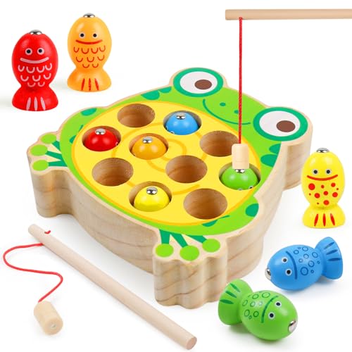 NAODONGLI Magnetic Wooden Fishing Game Toys for ToddlersWooden Frog Magnets Fishing Learning Color Sorting Puzzle Montessori Preschool Educational Fine Motor Skills for 3 4 5 Years Old Boys Girls - Image 1