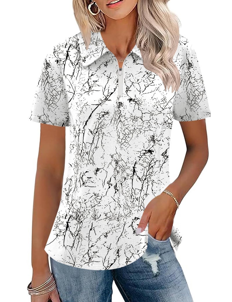 LUYAA Womens Golf Shirt Short Sleeve Workout Tops for Women Quick Dry Lightweight Polo Shirts for Women Quarter Zip Pullover Trendy Marble L - Image 1
