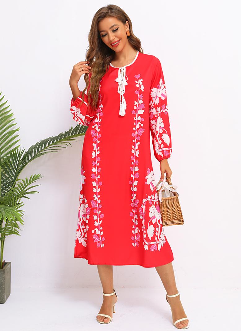 فرايديين نسائي بوهيمي دائري زهري فضفاض فساتين ميد احمر - Image 1