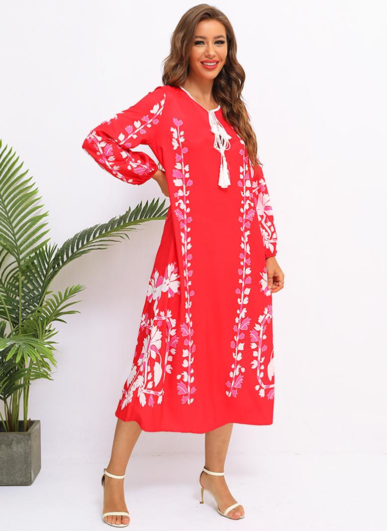 فرايديين نسائي بوهيمي دائري زهري فضفاض فساتين ميد احمر - Image 4