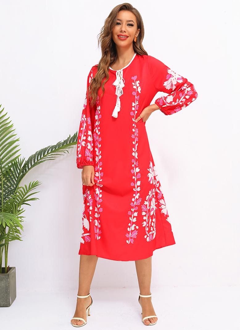 فرايديين نسائي بوهيمي دائري زهري فضفاض فساتين ميد احمر - Image 3