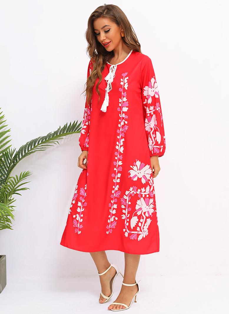 فرايديين نسائي بوهيمي دائري زهري فضفاض فساتين ميد احمر - Image 5