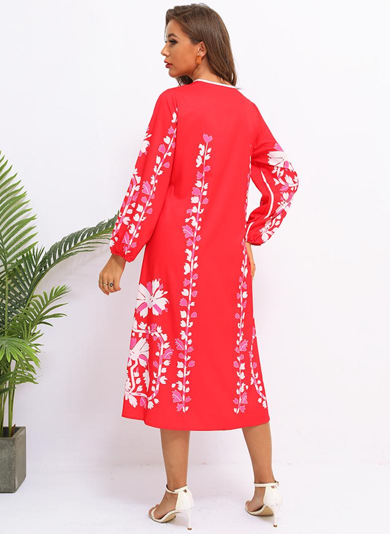 فرايديين نسائي بوهيمي دائري زهري فضفاض فساتين ميد احمر - Image 2