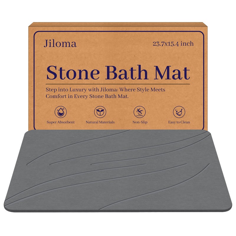 Jiloma Stone Bath Mat Diatomaceous Earth Shower Mat Non-Slip Super Absorbent Bathroom Floor Mat Quick Drying Natural Easy to Clean(24 * 16 Grey) - Image 1