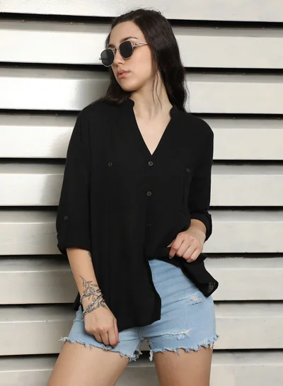 HIGH STAR Black V-Neck Casual Rayon Shirt for Women