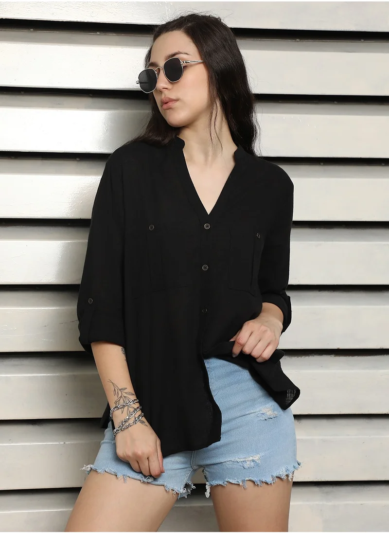 هاي ستار Black V-Neck Casual Rayon Shirt for Women