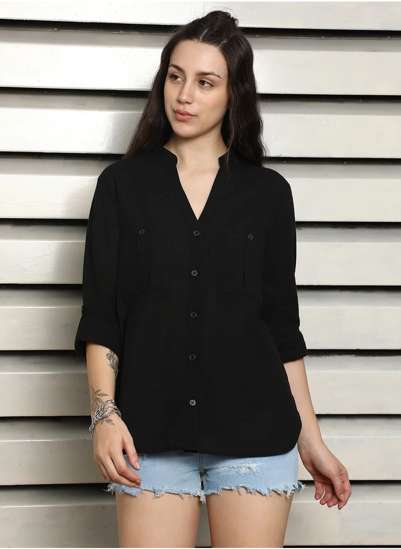 هاي ستار Black V-Neck Casual Rayon Shirt for Women