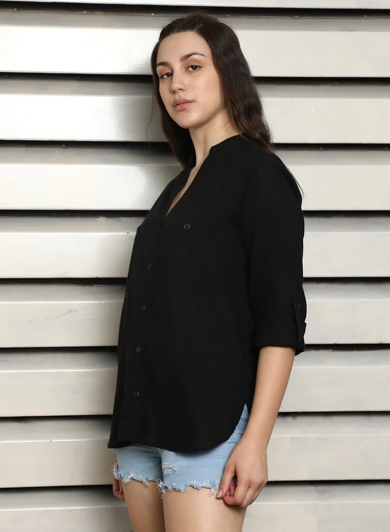 هاي ستار Black V-Neck Casual Rayon Shirt for Women