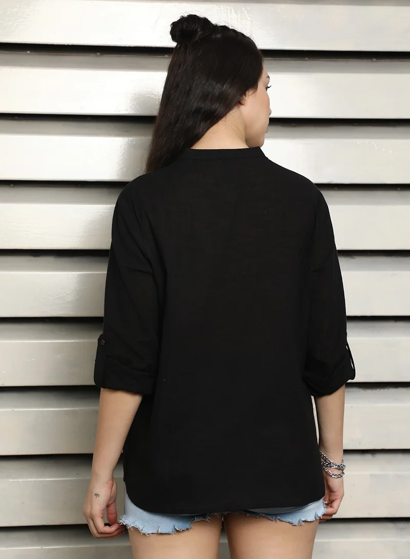 هاي ستار Black V-Neck Casual Rayon Shirt for Women