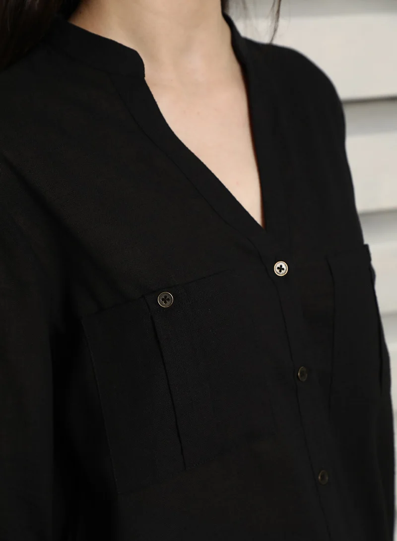 هاي ستار Black V-Neck Casual Rayon Shirt for Women