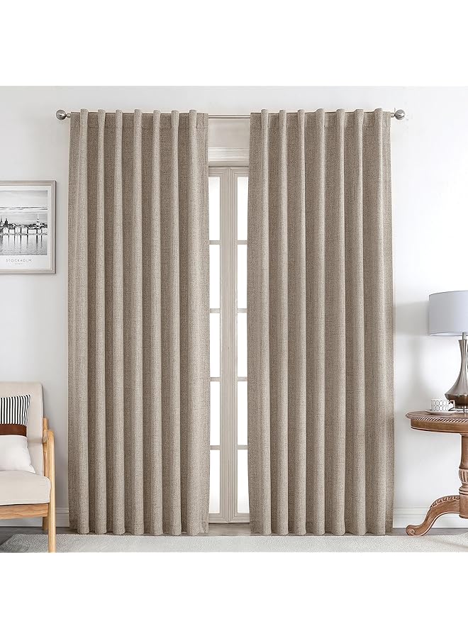 The Bros ستائر كتان طبيعية، طول 213 سم، مجموعة من لوحين، برغ، 100% حجب للضوء، ستائر طويلة لغرفة النوم، غرفة المعيشة، معزولة حرارياً، مع حافة خلفية، جيب قضيب (52x96 بوصة-2 لوحين) - Image 1