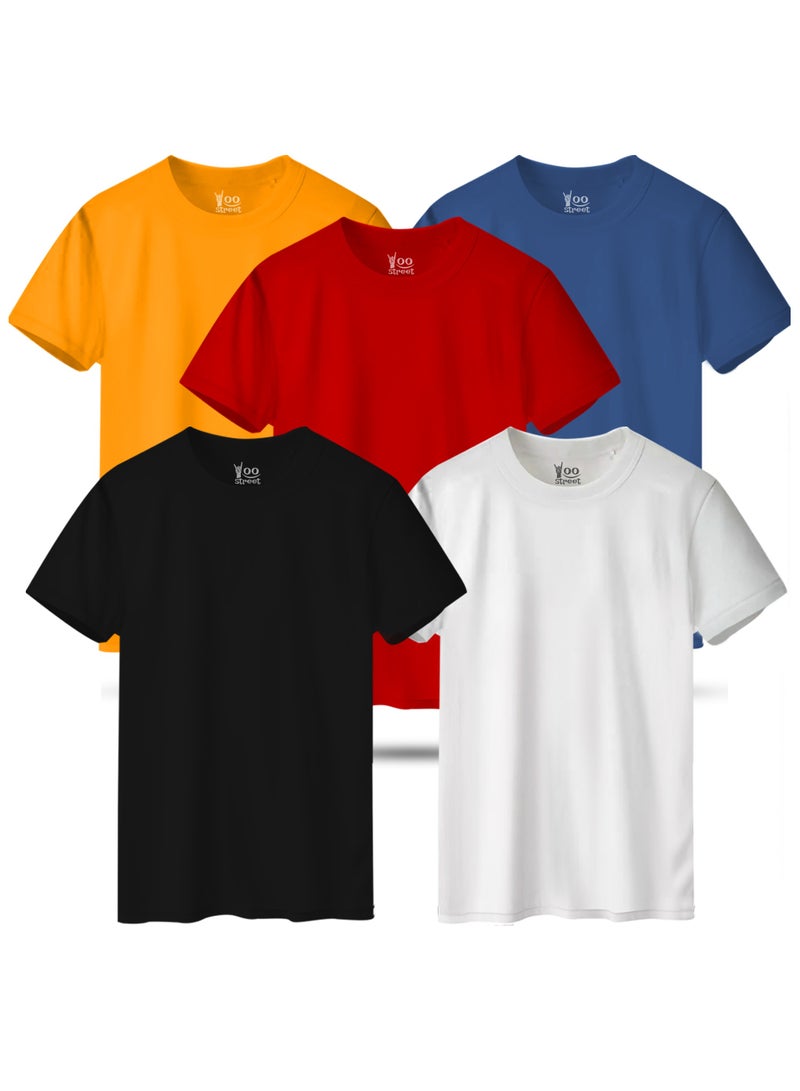 Yoo Street Bundle of 5 Classic T-Shirts - BLACK WHITE RED YELLOW LIGHT INDIGO