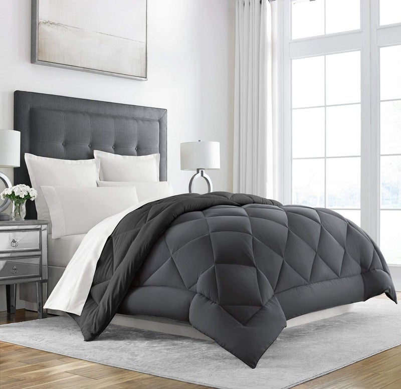 Linenovation All Season Microfiber Reversable DuvetAC ComforterQuilt Black Grey Single Size 60 Inch x 90 Inch