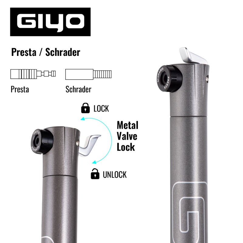 Giyo مضخة دراجة صغيرة من جييو مع صمام شرايدر وبريستا لدراجات الجبال 80 PSI برميل تلسكوبي معدني بالكامل مضخة دراجة محمولة صغيرة قفل صمام آمن لضخ سهل | صنع في تايوان GM043 - Image 4