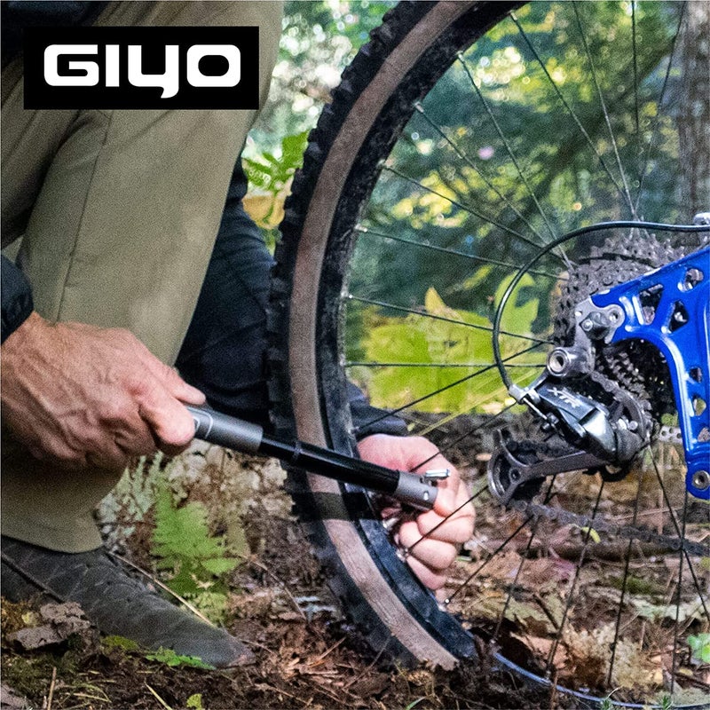 Giyo مضخة دراجة صغيرة من جييو مع صمام شرايدر وبريستا لدراجات الجبال 80 PSI برميل تلسكوبي معدني بالكامل مضخة دراجة محمولة صغيرة قفل صمام آمن لضخ سهل | صنع في تايوان GM043 - Image 5