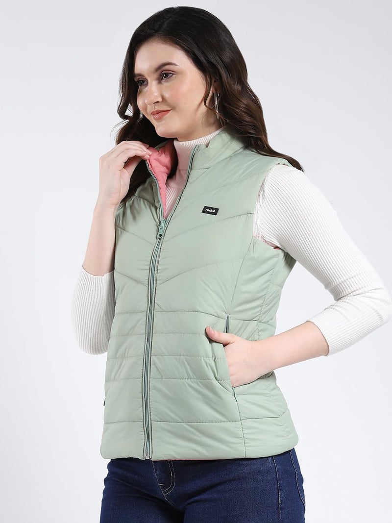 ROCKIT ROCK.IT From House Of Monte Carlo Women Reversible Regular Fit Mock Neck Zippper Closure Sleeveless Jacket | Stylish winter jacket | Warm casual outerwear | Winter Jacket for Women's Green & Pink M - Image 4