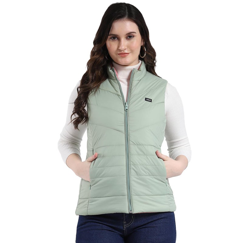 ROCKIT ROCK.IT From House Of Monte Carlo Women Reversible Regular Fit Mock Neck Zippper Closure Sleeveless Jacket | Stylish winter jacket | Warm casual outerwear | Winter Jacket for Women's Green & Pink M - Image 2
