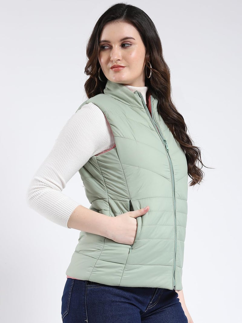ROCKIT ROCK.IT From House Of Monte Carlo Women Reversible Regular Fit Mock Neck Zippper Closure Sleeveless Jacket | Stylish winter jacket | Warm casual outerwear | Winter Jacket for Women's Green & Pink M - Image 5