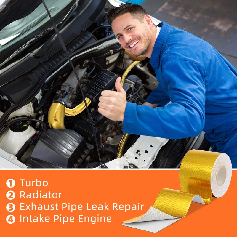 Zonon 2 Rolls Heat Shield Tape Cool Tapes Aluminum Foil Reflective Adhesive Heat Shield Thermal Barrier Foil Tape Self Adhesive Resistant Tape for Hose and Auto Use(Gold,2 Inch X 32.8 ft) - Image 2