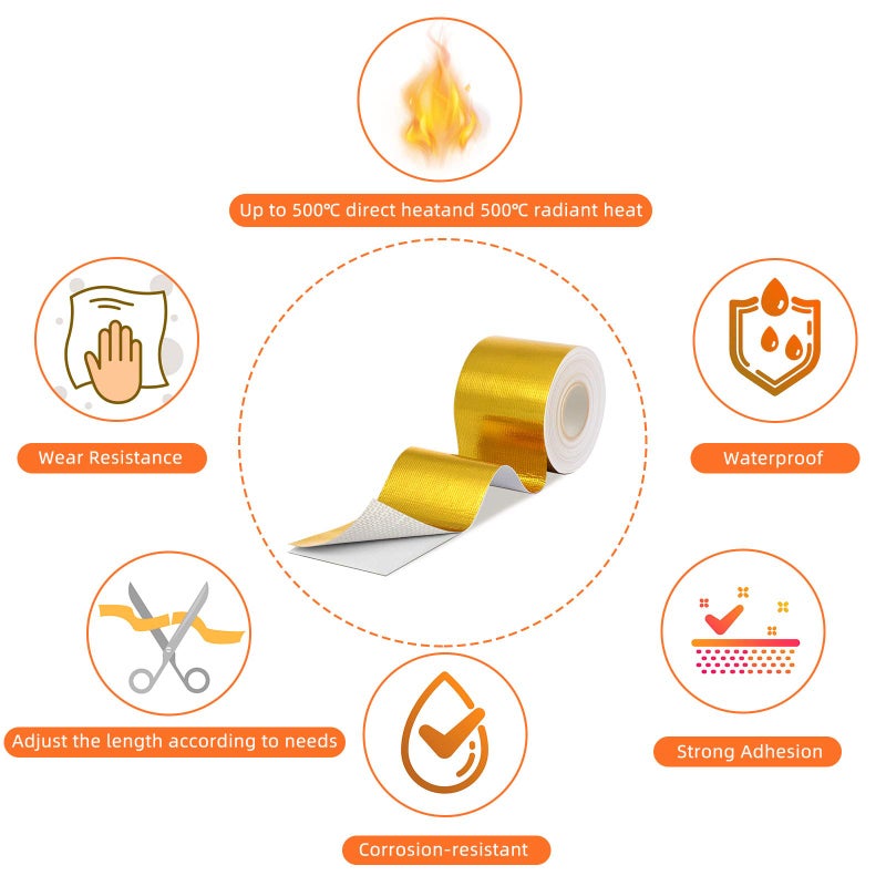 Zonon 2 Rolls Heat Shield Tape Cool Tapes Aluminum Foil Reflective Adhesive Heat Shield Thermal Barrier Foil Tape Self Adhesive Resistant Tape for Hose and Auto Use(Gold,2 Inch X 32.8 ft) - Image 3