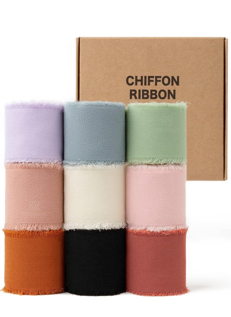 XiuWoo 9 Rolls Assorted Mixed Handmade Chiffon Silk Ribbon Fringe Frayed Edges Ribbons for Wedding Invitations Bridal Bouquets Gifts Wrapping Crafts Holiday Decor, 4cm*5m  - Image 1
