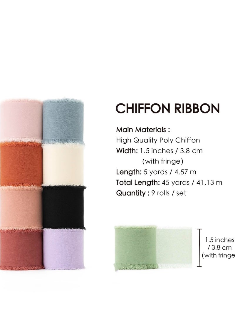 XiuWoo 9 Rolls Assorted Mixed Handmade Chiffon Silk Ribbon Fringe Frayed Edges Ribbons for Wedding Invitations Bridal Bouquets Gifts Wrapping Crafts Holiday Decor, 4cm*5m  - Image 2