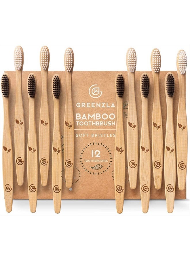 GREENZLA Bamboo Toothbrushes (12 Pack) | BPA Free Soft Bristles Eco-Friendly, Natural Toothbrush Set Biodegradable & Compostable Charcoal Wooden  - Image 1