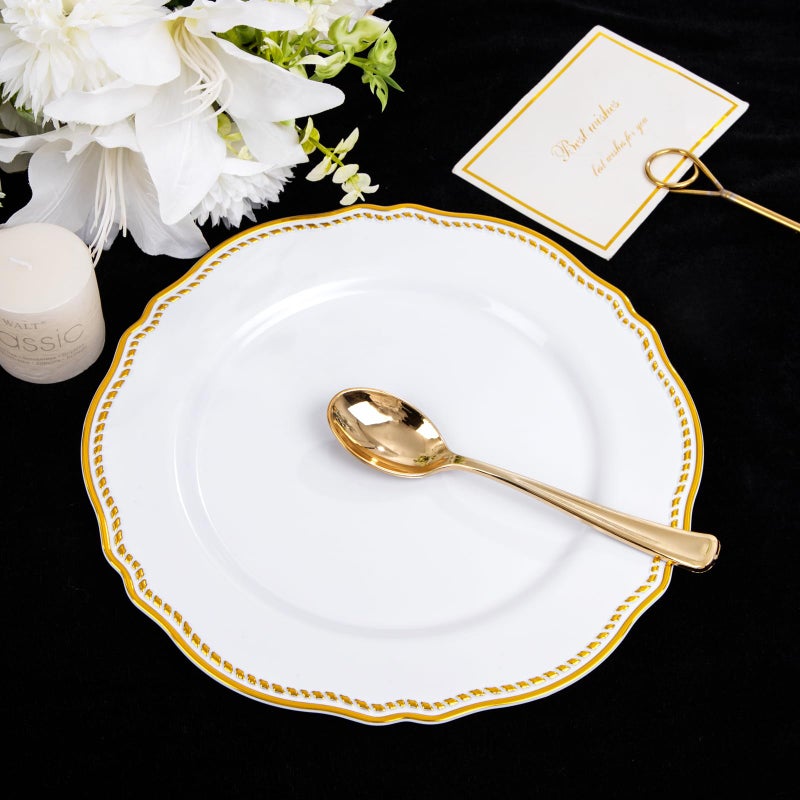 Hioasis 60pcs Gold Plastic Plates - White and Gold Disposable Dinnerware with Gold Rim, Heavy-duty, 10 inch, Dinner Plates for Party & Wedding - Image 2