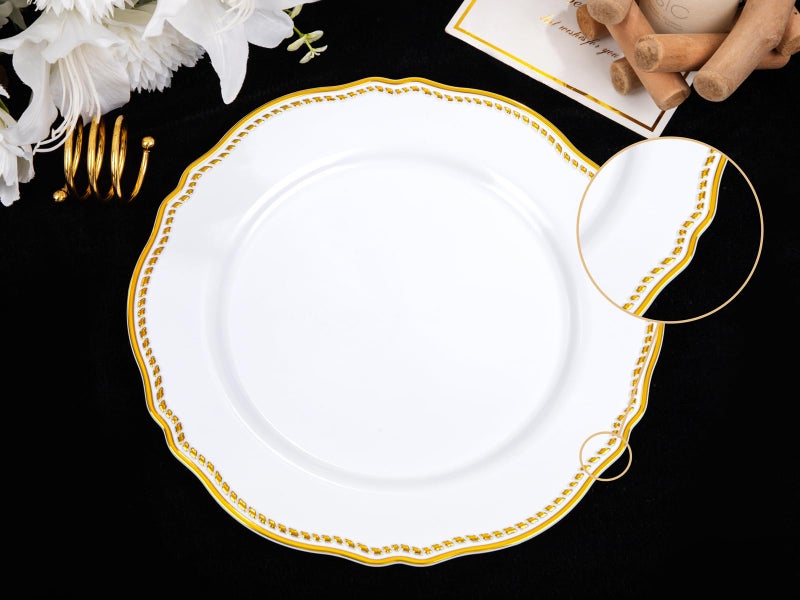 Hioasis 60pcs Gold Plastic Plates - White and Gold Disposable Dinnerware with Gold Rim, Heavy-duty, 10 inch, Dinner Plates for Party & Wedding - Image 3