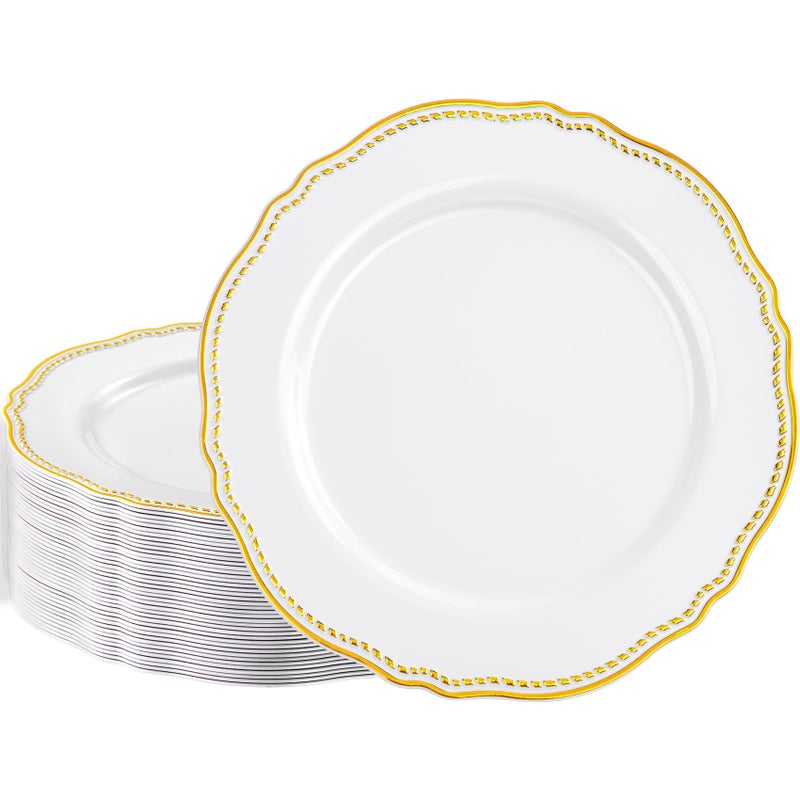 Hioasis 60pcs Gold Plastic Plates - White and Gold Disposable Dinnerware with Gold Rim, Heavy-duty, 10 inch, Dinner Plates for Party & Wedding - Image 1