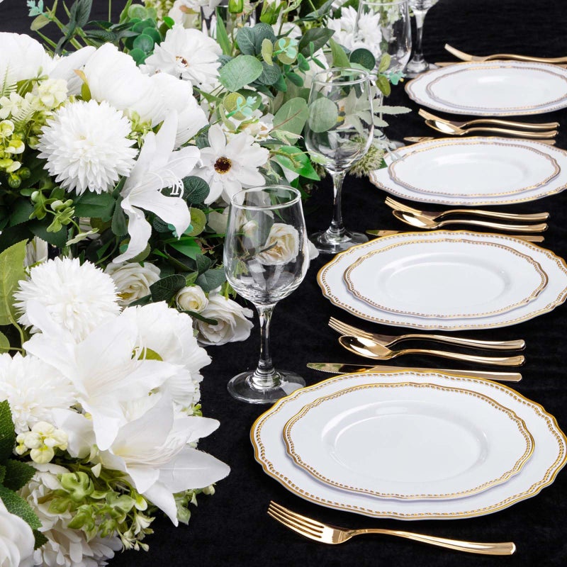 Hioasis 60pcs Gold Plastic Plates - White and Gold Disposable Dinnerware with Gold Rim, Heavy-duty, 10 inch, Dinner Plates for Party & Wedding - Image 5