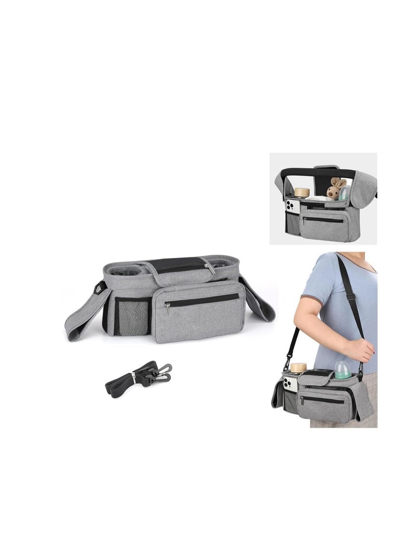 Stroller Accessories : Stroller Organizer Bag, Portable Diaper Bag with Insulated Cup Holder, Detachable Shoulder Strap,Zipper Bag for Baby Pram Hanging, Infant Newborn Essentials Storage Bag (Grey) - Image 1
