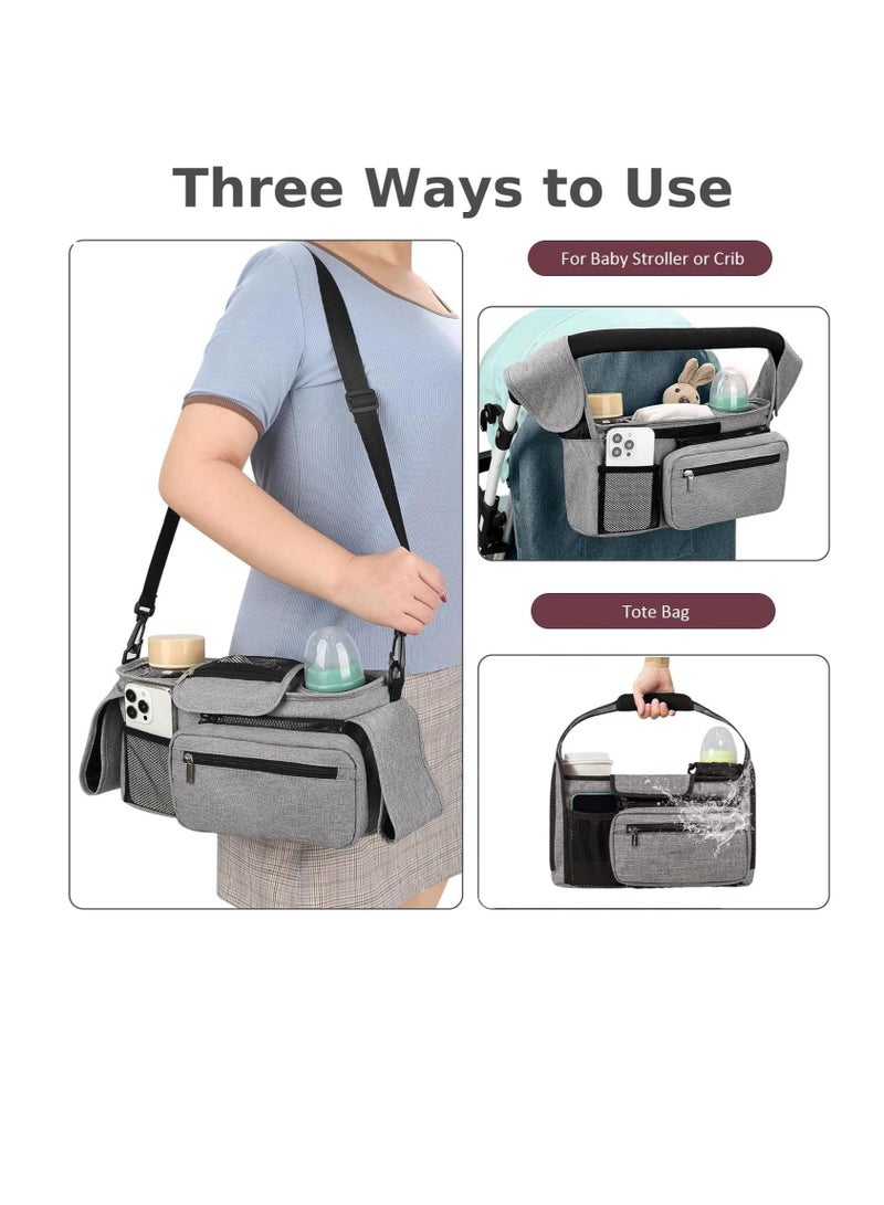 Stroller Accessories : Stroller Organizer Bag, Portable Diaper Bag with Insulated Cup Holder, Detachable Shoulder Strap,Zipper Bag for Baby Pram Hanging, Infant Newborn Essentials Storage Bag (Grey) - Image 4