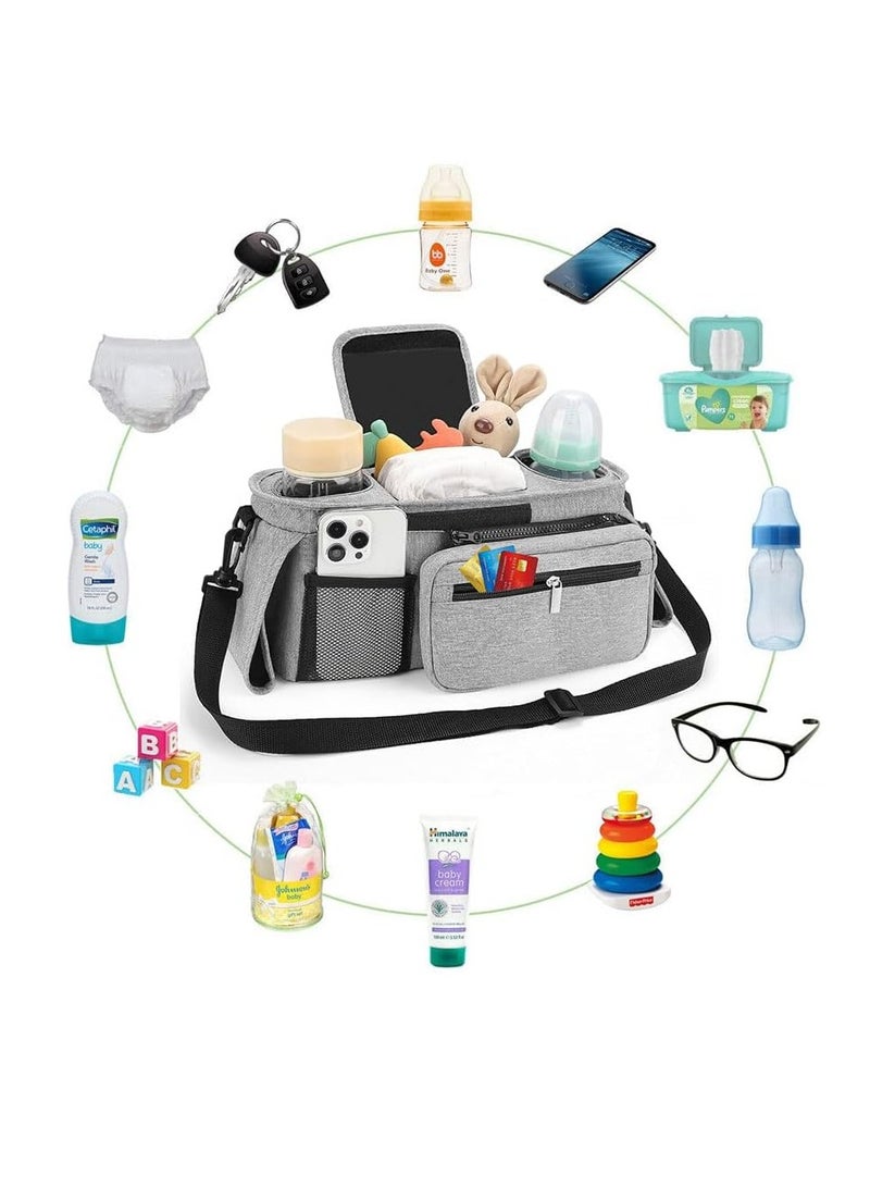 Stroller Accessories : Stroller Organizer Bag, Portable Diaper Bag with Insulated Cup Holder, Detachable Shoulder Strap,Zipper Bag for Baby Pram Hanging, Infant Newborn Essentials Storage Bag (Grey) - Image 5