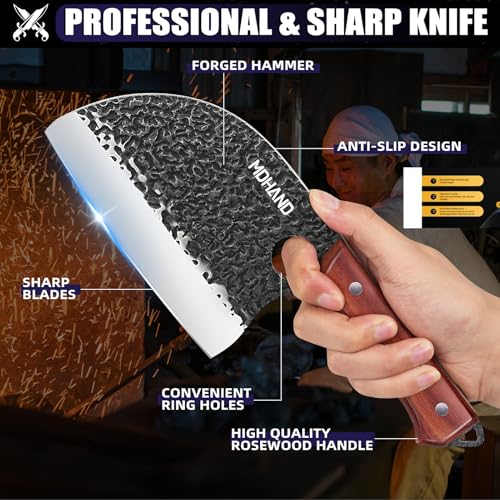 MDHAND Butcher Knife Set, 8PCS Hand Forged Butcher Chef Knife Set with Gift Box, Meat Cleaver Knife for Kitchen, Bone Chopper Knives & Viking Knives for Home & Outdoor Camping BBQ, Gift for Men - Image 3