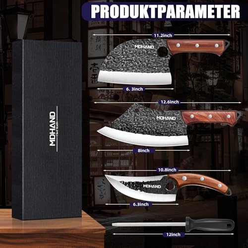 MDHAND Butcher Knife Set, 8PCS Hand Forged Butcher Chef Knife Set with Gift Box, Meat Cleaver Knife for Kitchen, Bone Chopper Knives & Viking Knives for Home & Outdoor Camping BBQ, Gift for Men - Image 2