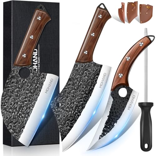 MDHAND Butcher Knife Set, 8PCS Hand Forged Butcher Chef Knife Set with Gift Box, Meat Cleaver Knife for Kitchen, Bone Chopper Knives & Viking Knives for Home & Outdoor Camping BBQ, Gift for Men - Image 1