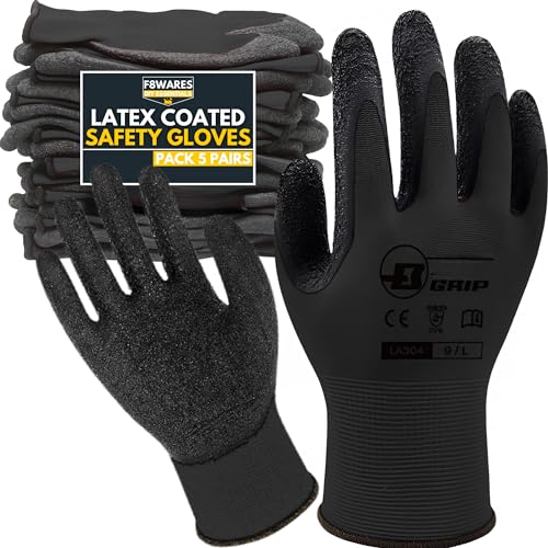 F8WARES 5 Pair Latex Coated Safety Gloves for Men Industrial Gloves - Cut Resistant Working Gloves for Men & Women for Home,Mechanical,Construction,Gardening Work Use - Multipurpose Cotton hand gloves - Image 1