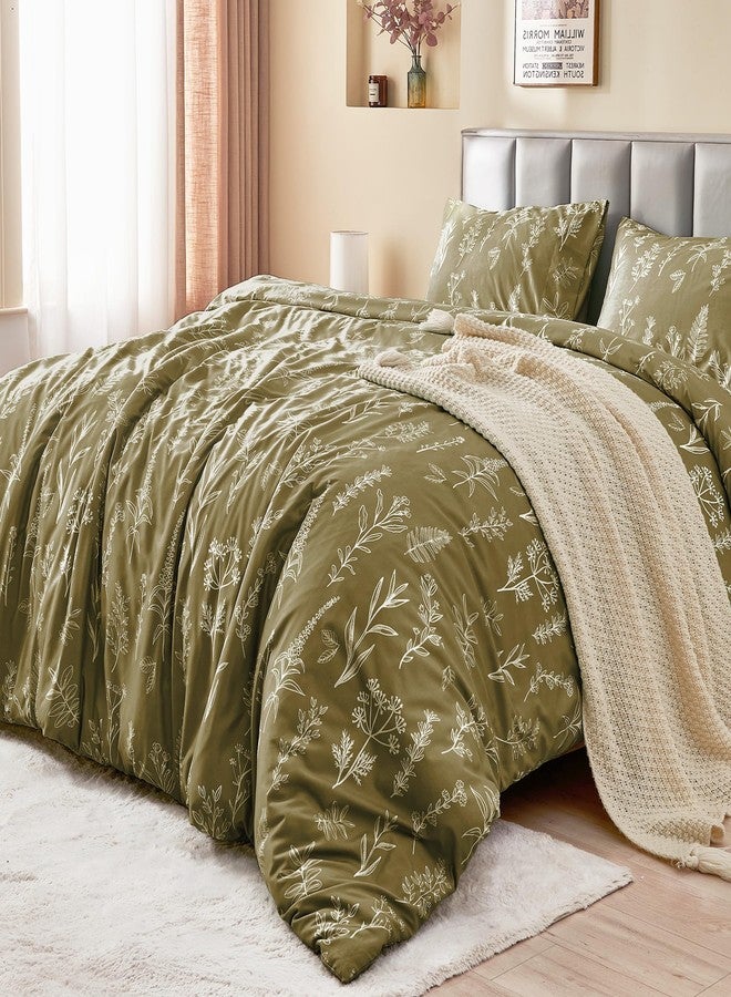 MUXHOMO Duvet Cover Full Size, Reversible Floral Olive Green Duvet Cover Set with Zipper Closure, 3 Pieces Botanical Patterns Soft Microfiber Bedding Set with 4 Ties (80"x90", 2 Pillow Cases) - Image 3