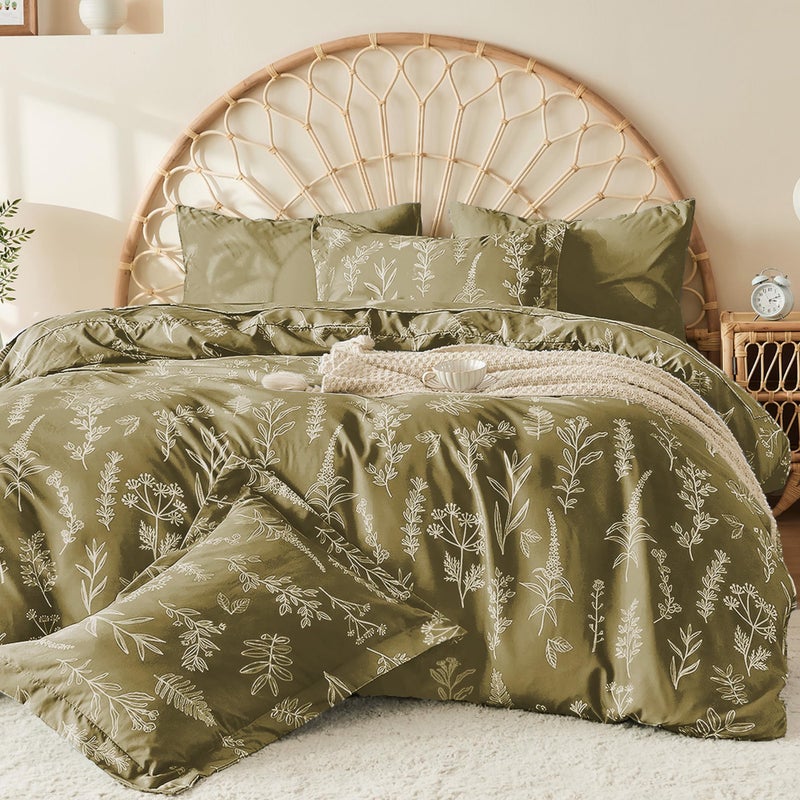 MUXHOMO Duvet Cover Full Size, Reversible Floral Olive Green Duvet Cover Set with Zipper Closure, 3 Pieces Botanical Patterns Soft Microfiber Bedding Set with 4 Ties (80"x90", 2 Pillow Cases) - Image 1