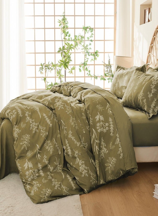 MUXHOMO Duvet Cover Full Size, Reversible Floral Olive Green Duvet Cover Set with Zipper Closure, 3 Pieces Botanical Patterns Soft Microfiber Bedding Set with 4 Ties (80"x90", 2 Pillow Cases) - Image 2