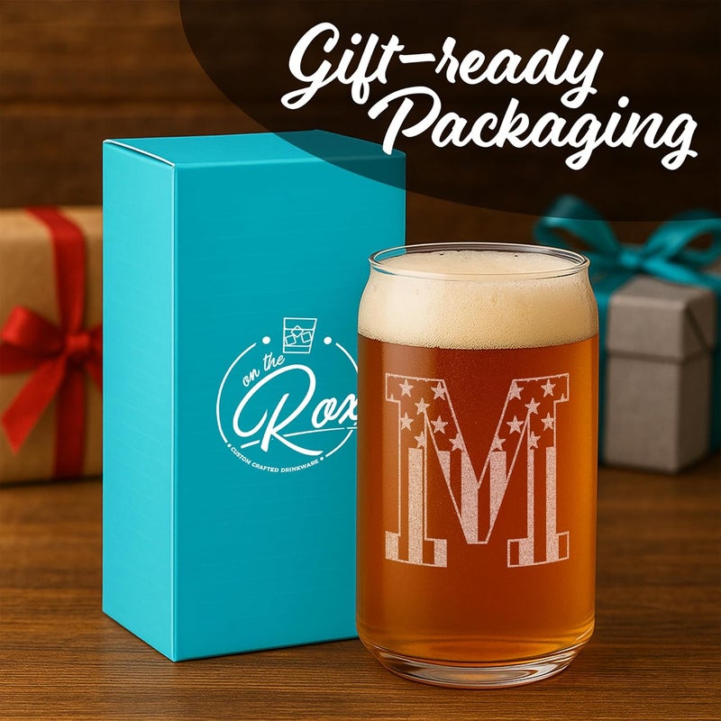 On The Rox Monogram Beer Glasses for Men (A-Z) 16 oz - Beer Gifts for Men Brother Son Dad Neighbor - Unique Gifts for Him - Personalized Drinking Gift Beer Glass Mugs - Engraved Beer Can Glass (M) - Image 4