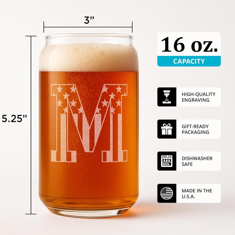 On The Rox Monogram Beer Glasses for Men (A-Z) 16 oz - Beer Gifts for Men Brother Son Dad Neighbor - Unique Gifts for Him - Personalized Drinking Gift Beer Glass Mugs - Engraved Beer Can Glass (M) - Image 3